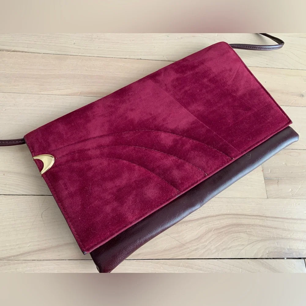 VINTAGE - Burgundy Velvet & Leather Envelope Shoulder Bag - Picture 2 of 9